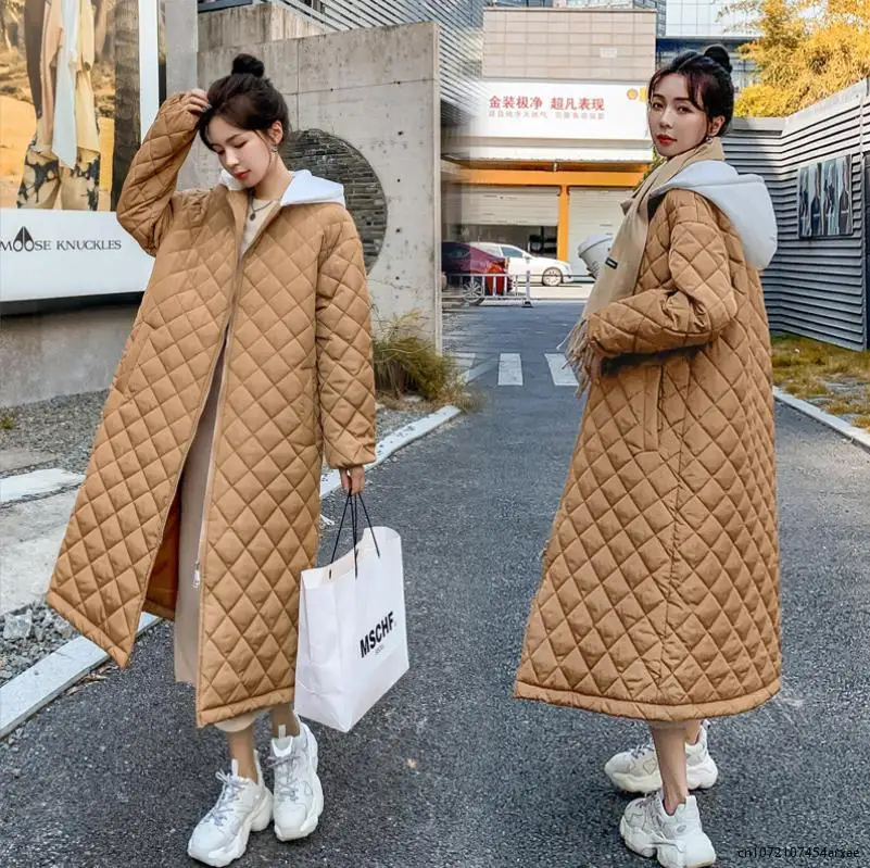 2023 Woman Parkas Autumn Winter Long Over The Knee Oversize Korean Version Oversized Diamond Down Padded Jacket Winter Coat