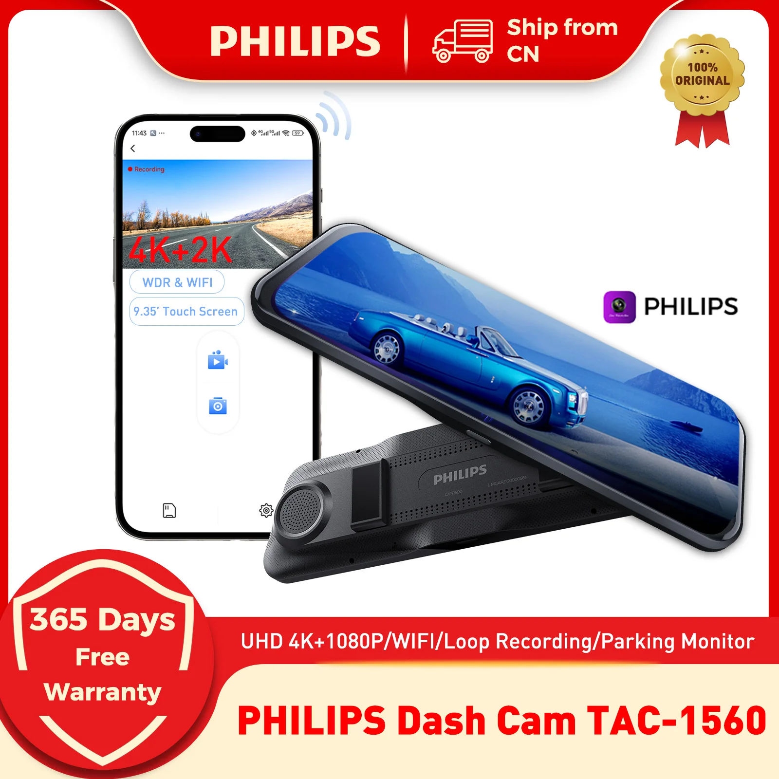 Câmera de Painel PHILIPS 4K com Tela Touch de 9.35'', WiFi, WDR, Visão Noturna, Modo de Estacionamento 24H, Espelho Retrovisor com Gravação em Loop