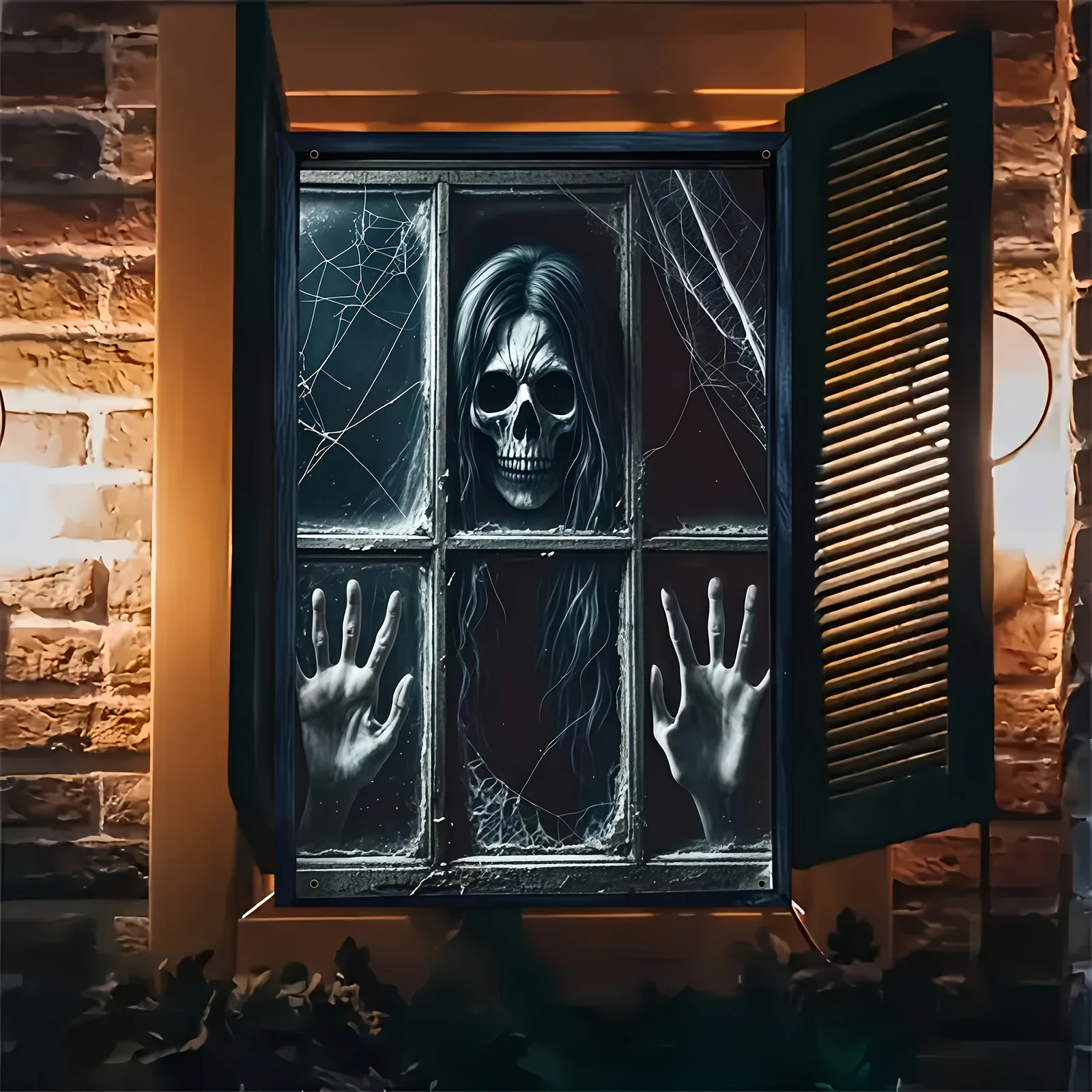 لافتة مسطحة ثنائية الأبعاد قطعة واحدة من لافتة حفلات الهالوين - ستارة شبكة عنكبوت على شكل جمجمة من البوليستر للديكور الداخلي والخارجي