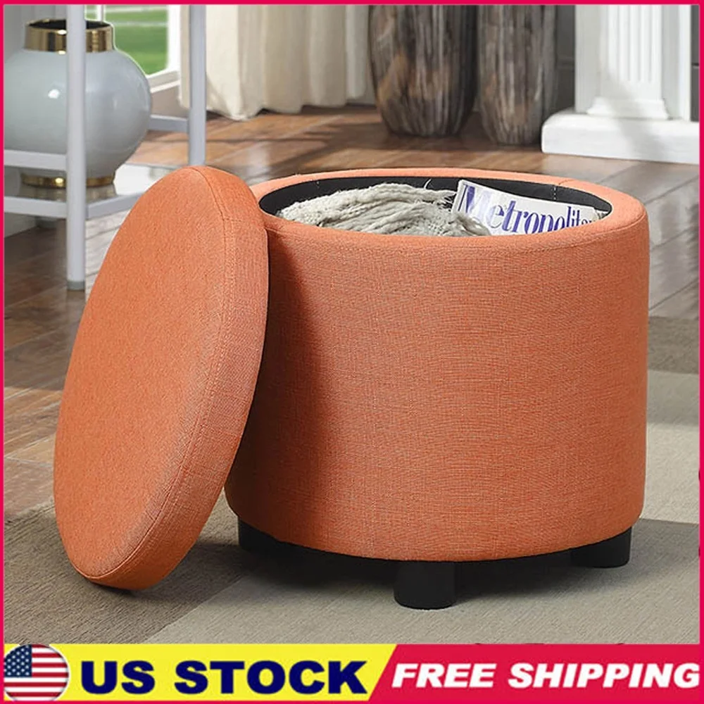 

Round Storage Ottoman with Reversible Tray Lid Indoor Use Easy Assembly Multi-Functional Accent Piece Durable Wood Frame