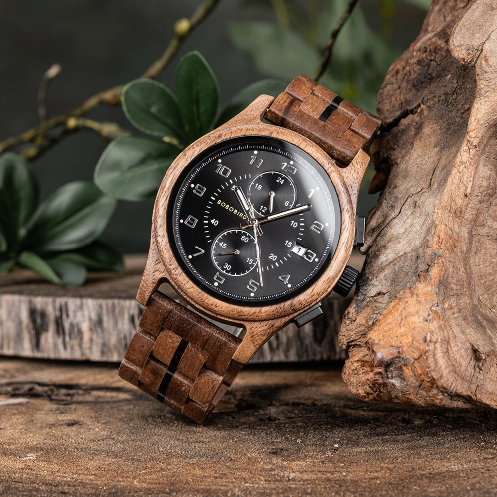 BOBO BIRD Men\'s Watches Niche Wooden Wristwatch Auto Date Chronograph Luxury Casual Watch for Men OEM Customized Drop Shipping