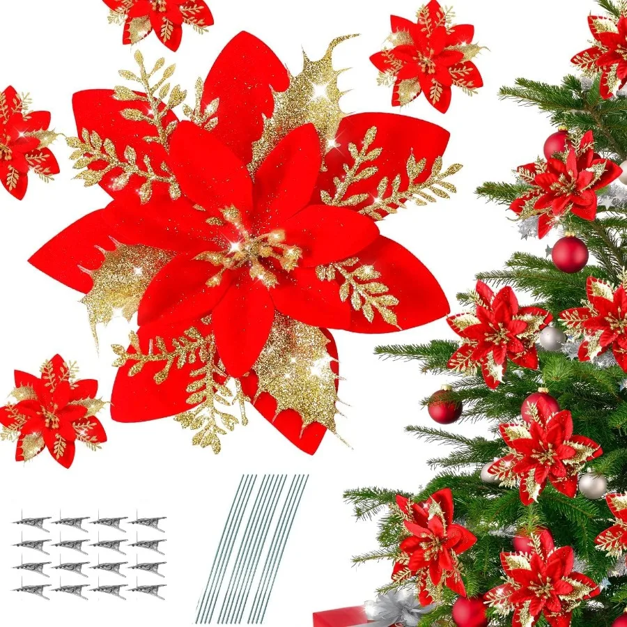 12 Stück Weihnachtsstern-Blumen, künstliche Weihnachtsdekorationen, künstliche rote Weihnachtsstern-Blumen für den Weihnachtsbaum, gefälschte Glitzer-P Poi