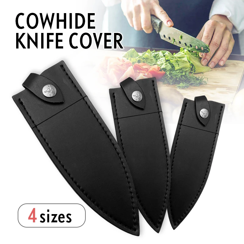 

Black Genuine Cowhide Chef Straight Knife Sheath Cook Knives Cover Layer Leather Kitchen Blade Protector Scabbard With Buckle