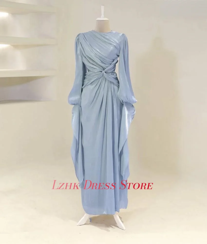 Customized Formal Chiffon A-Line Evening Dress High Quality Long Sleeves O-neck Floor Length فستان سهرة نسائي