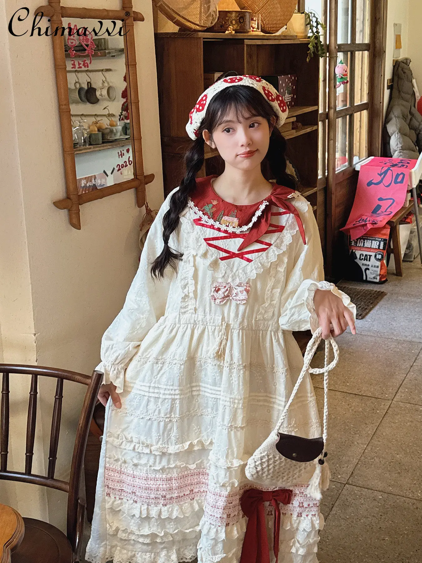 

Spring New Palace Style Color Matching Doll Collar Retro Embroidered Dress Sweet Girl Lace Long Sleeves Elegant Bottom Dress