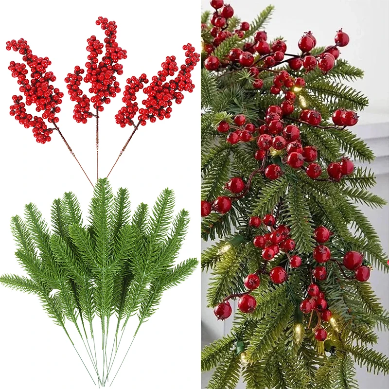 

Christmas Artificial Berry Pine Branches Holly Berry Plants Fake Bouquet Wreath Christmas Tree Hanging Decor Table Ornaments