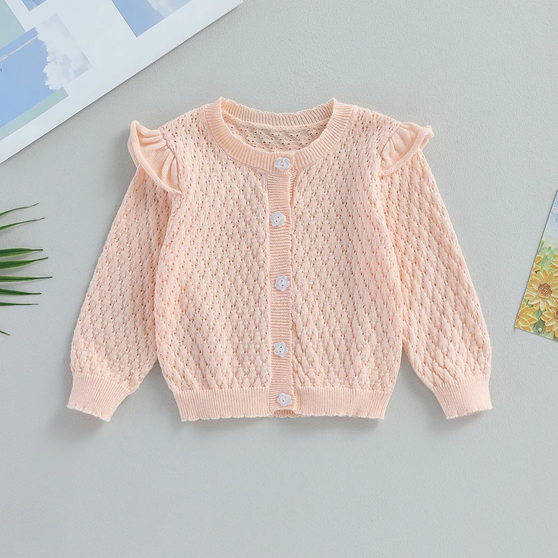 Newborn Baby Girls Knitted Cardigan Sweater Open Front Button Up Jumper Crew Neck Ruffled Long Sleeve Knitwear Summer Outerwear