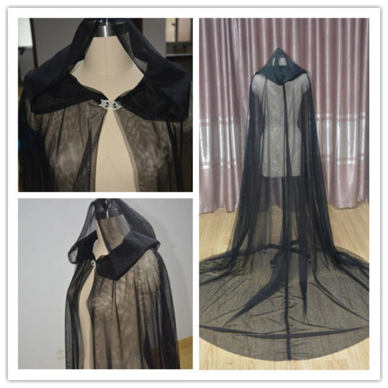 Hooded cloak Bride tull ecape wrap Cosplay costume bolero formal wedding cape bridal long  jacket  black shawl wedding accessory