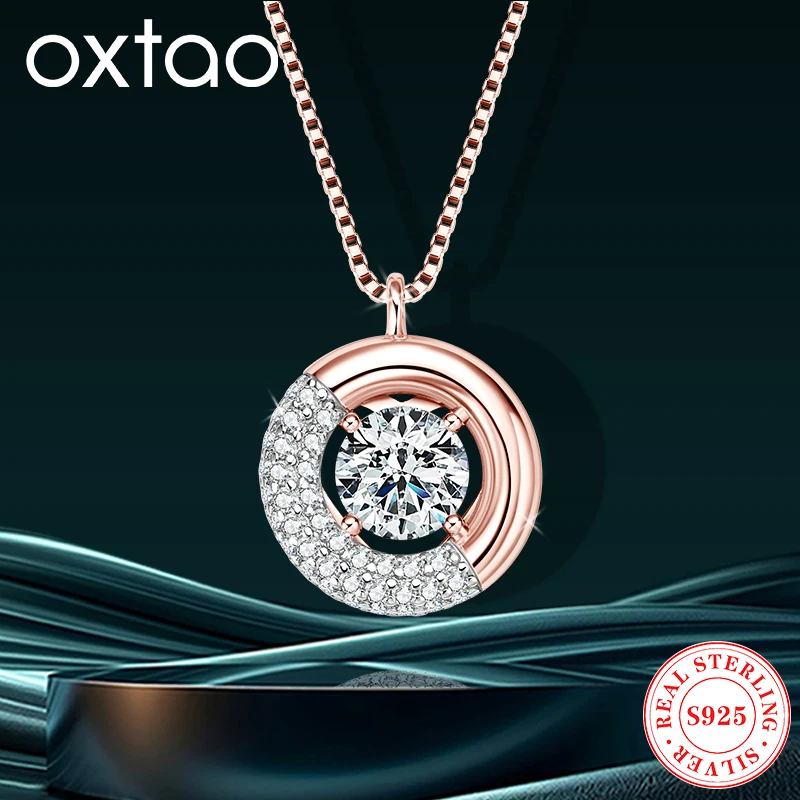 

OXTAO Round Pendant Necklace Rose Gold Color Plated Wedding Jewelry 925 Sterling Silver D VVSI Moissanite Necklace Luxury Gift