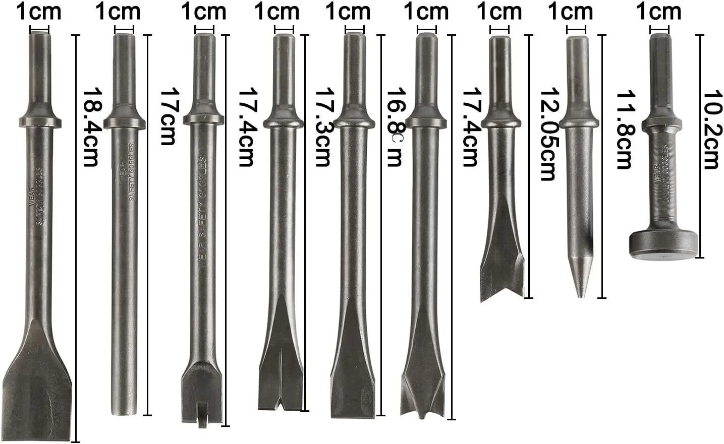 9Pcs Pneumatic Air Hammer Punch Chipping Bits Tool Chisel 0.39In Shank Tool Set