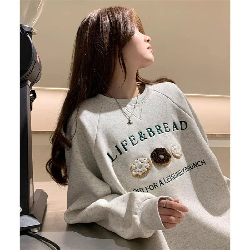 Womens Clothing Vintage Street Sweatshirt Y2K Letter Pattern Pullover Round Neck Long Sleeves Warm Oversize Baggy Ladies Tops