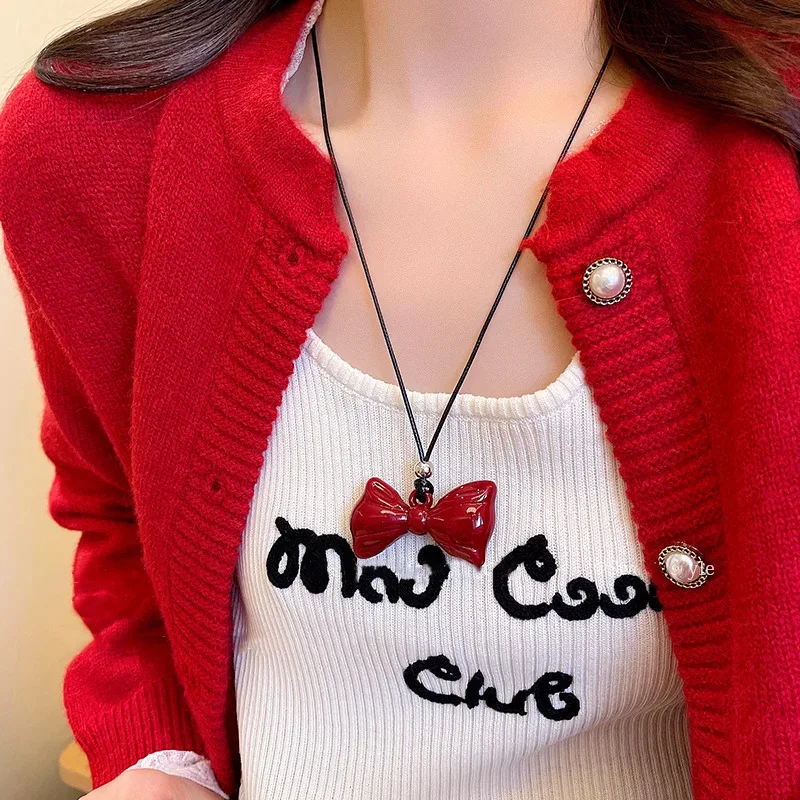 New Red Heart Bow Pendant Necklace for Women Girls Crystal Necklace Black Leather Rope Chain Necklaces Y2k Jewelry Friend Gift