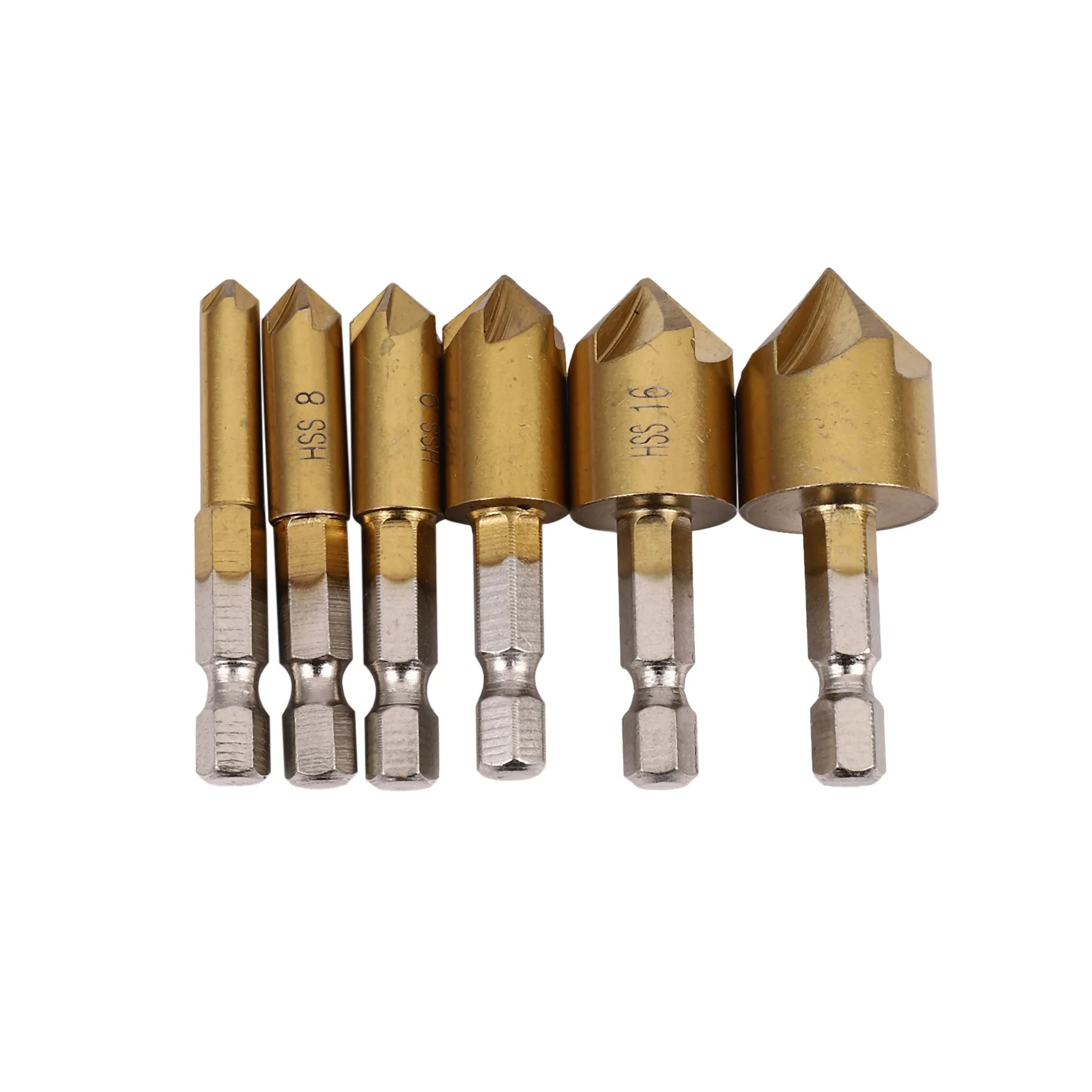 

6 x 5 Flute 90degree 1/4inch Hex HSS Countersink Drill Bit Set Chamfer Cutter 6-19