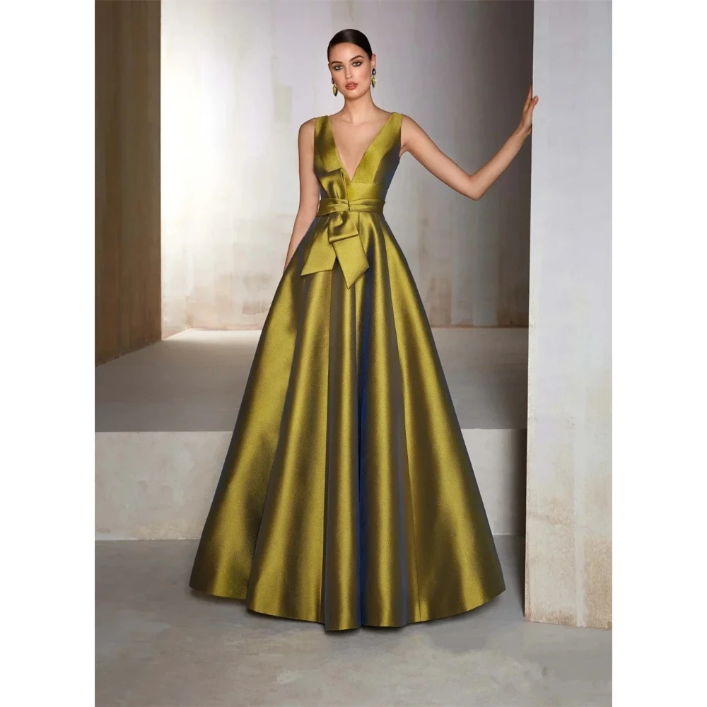 

Вечернее платье для выпускного вечера по индивидуальному заказу, атласная аппликация на пуговицах, плиссированные трапециевидные вечерние платья с v-образным вырезом, длиной до пола, вечерние платья 2025