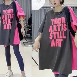 Summer Fake Two Pieces Midi Pullovers Stylish Letter Contrasting Colors Patchwork Female Clothing Basic O-Neck Oversized T-shirt