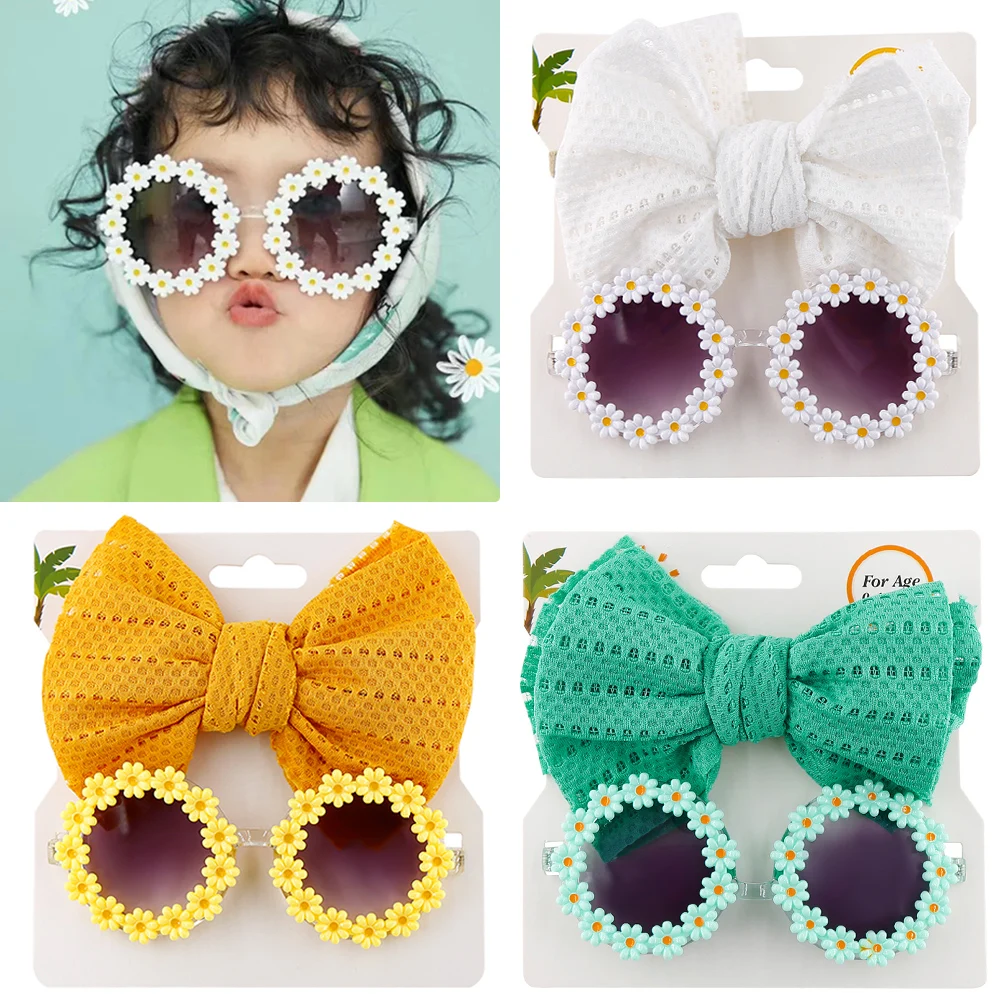 2Pcs/Set Daisy Flower Sunglasses With Elastic Nylon Baby Headband Bohemia Beach Seaside Sun Glasses Kids Puff Bow Headwear