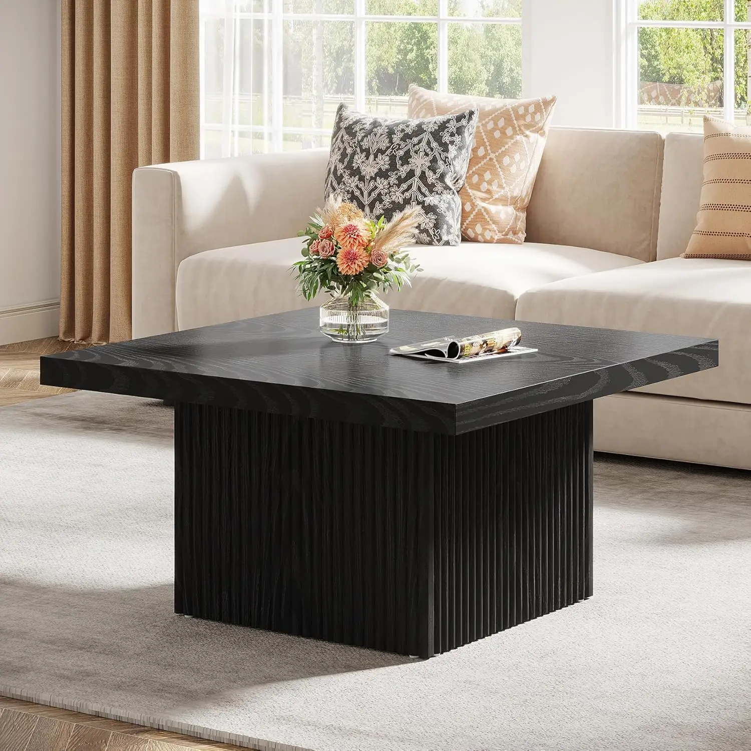 

Square Coffee Table, 31.5-Inch Fluted Coffee Table, Mid-Century Modern Living Room Table, Large Cocktail Table