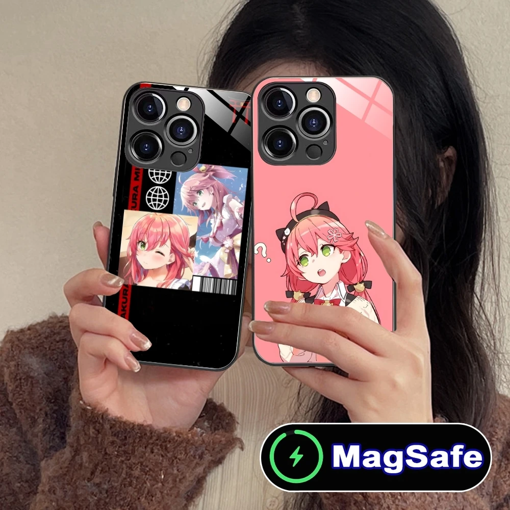 Holo Anime Sakura Miko Mobile Phone Case for iPhone 16 15 14 13 12 11 Pro Max Plus Mini MagSafe Wireless Charging Glass Cover