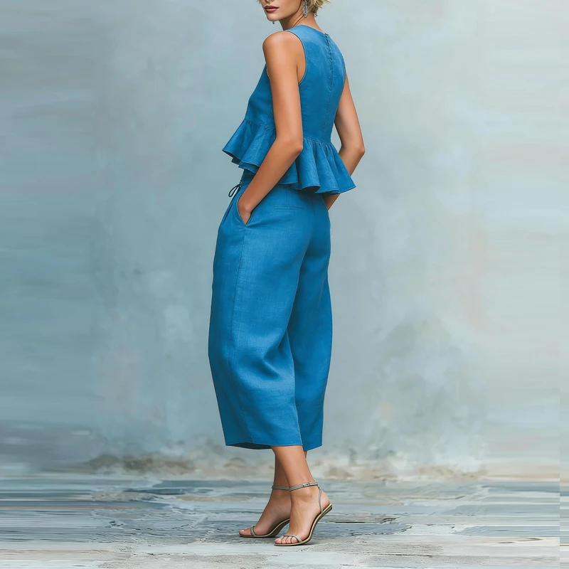 

Summer Simple Loose Commuting Set Casual Solid Ruffled Holiday Outfit O-neck Sleeveless Vest Top with Wide Leg Pants Women Suit