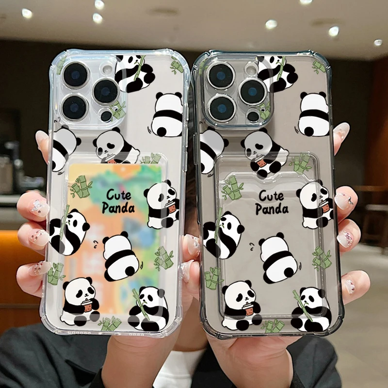 Case For iPhone 16 Pro Max Luxury Card Slot Bamboo Panda Patterned Clear Soft Silicone Cover Coque For iPhone 11 12 13 14 15 Pro