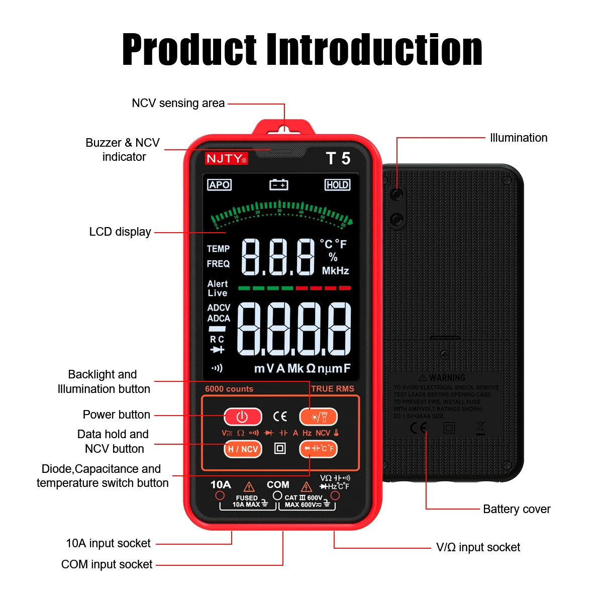 T5 Smart Digital-Multimeter mit Farbdisplay, 6000 Zählungen, True RMS, automatische Bereichswahl, AC/DC-Spannung, Strom, Widerstand, NCV, Temperaturmessgerät – Detail 10