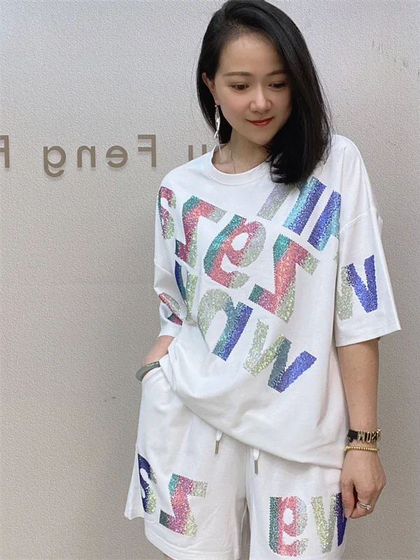 

Summer Casual Women's Two-Piece Set Heavy Embellied Rhinestones Cotton 00% Faionable across Borders plus Size T-irt