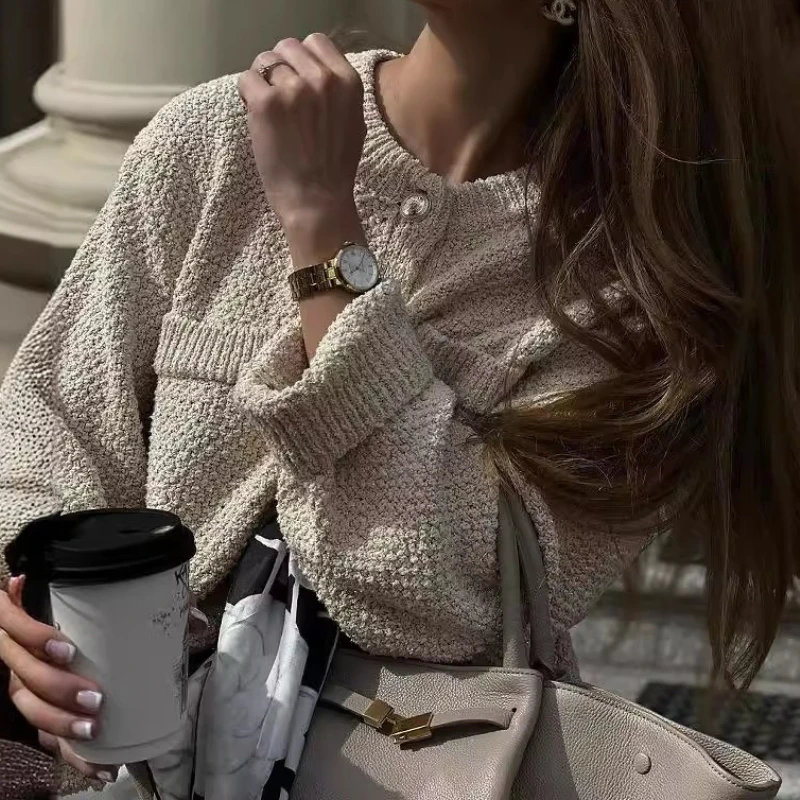 

In Autumn and Winter of 2025, Loose Casual Style Pocket Round Neck Sweater Button Cardigan Women's Dress