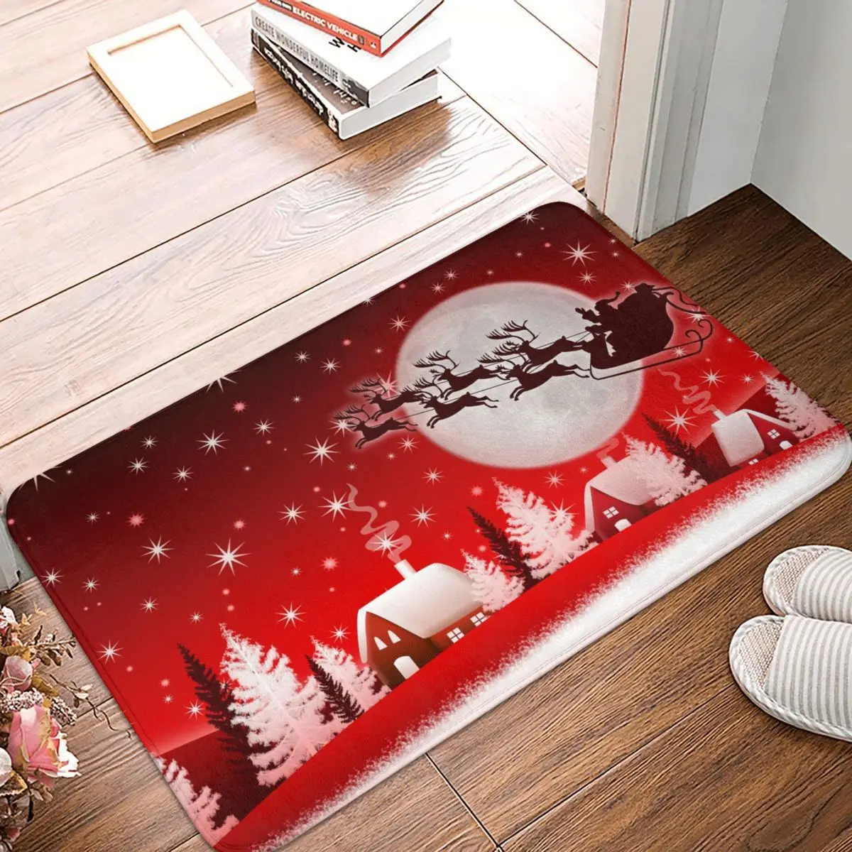 Pulling A Sleigh Merry Christmas and Happy New Year Santa Claus Elk Snowflake Non-slip Doormat Carpet Mat Outdoor Indoor