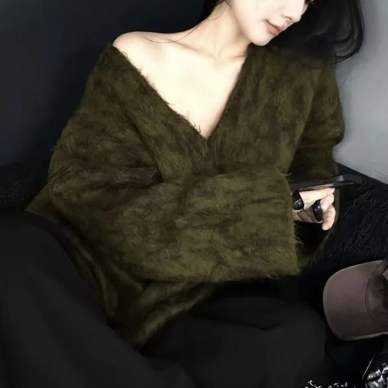 Leopard Lazy Vintage V Neck Coat Long Sleeve Knit Loose Small Fellow Slim Mujer Chaqueta Premium Elegant Minority Outwear