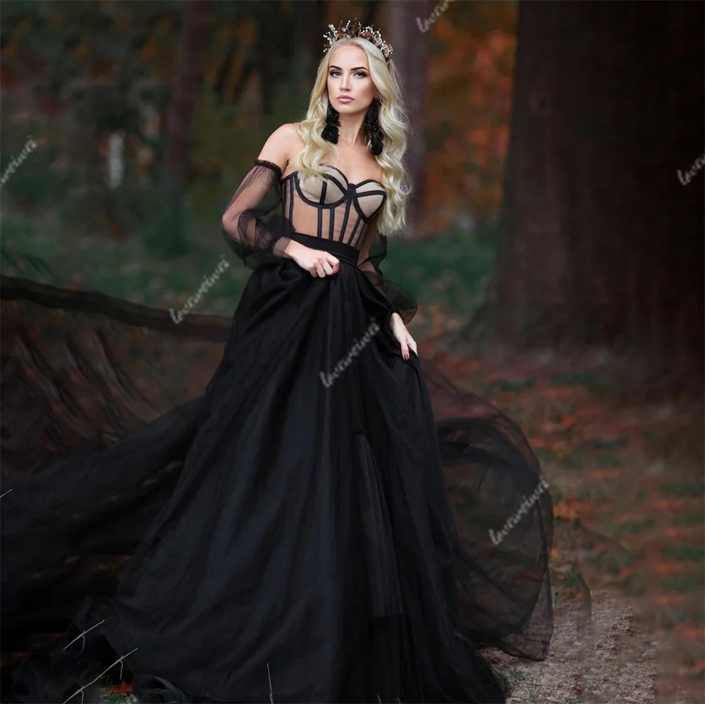 Gothic Zwarte Avondjurk Off The Shoulder Sweetheart Prom Jurken Lange Mouwen Tule Prachtige Formele Feestjurken Vestido