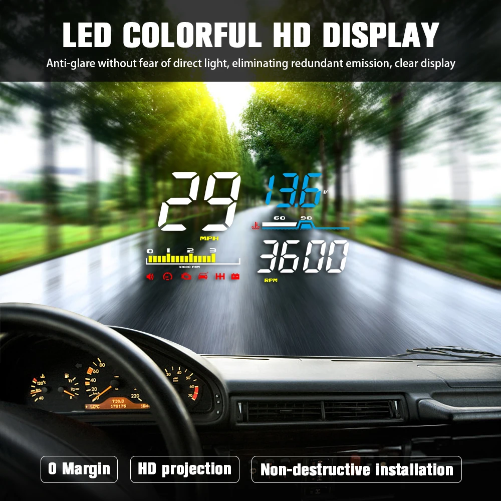 Head Up Display D5000 OBD2 HUD Digital Speedometer Windshield Projetor Meter Diagnostic Tool Overspeed Alarm LED Electronic Auto