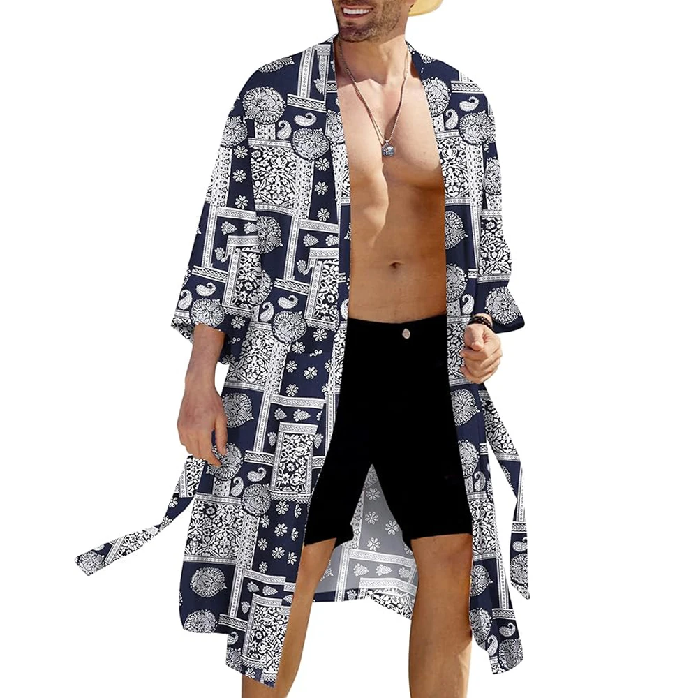 Men's Lightweight Kimono Robe Japanese Bathrobes Open Front Long Cardigan Cloak with Belt