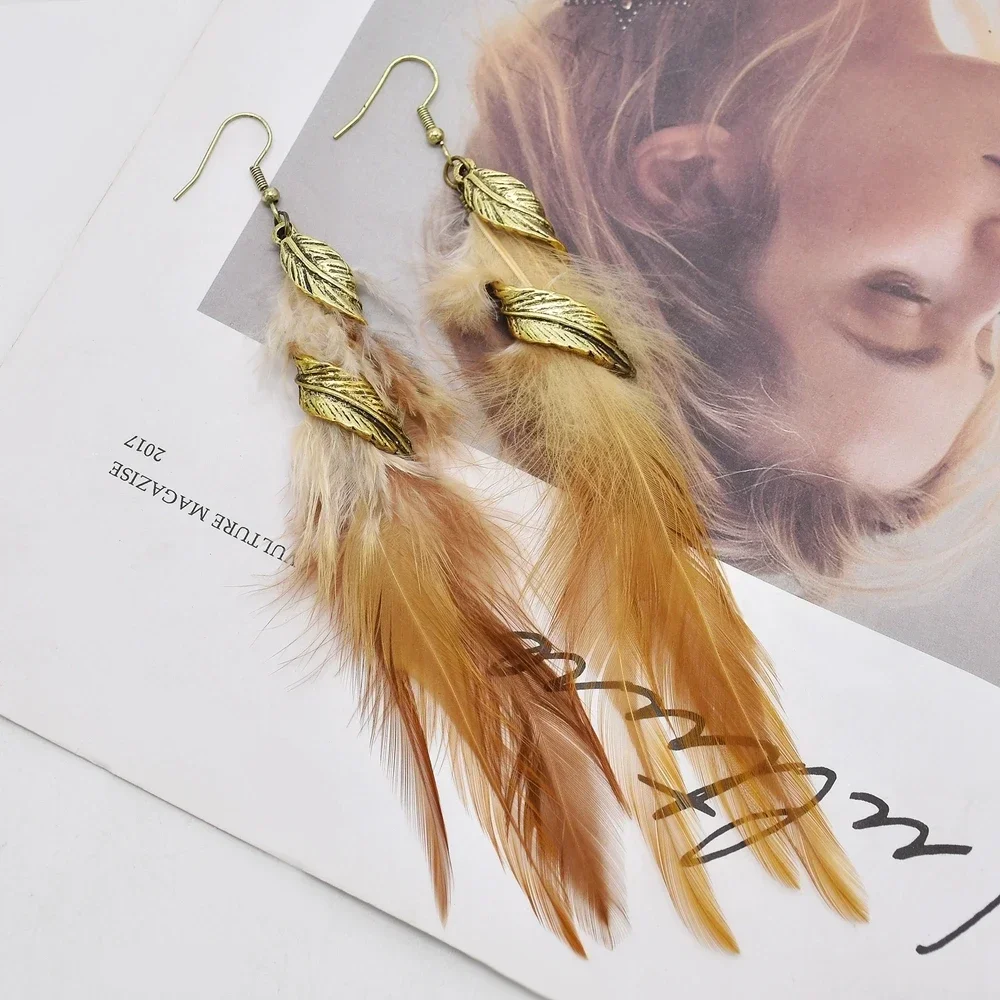 6-color Bohemian Long Feather Earrings Women Fashion Elegant Retro Leaf Feather Hangling Earrings Vacation Accessories