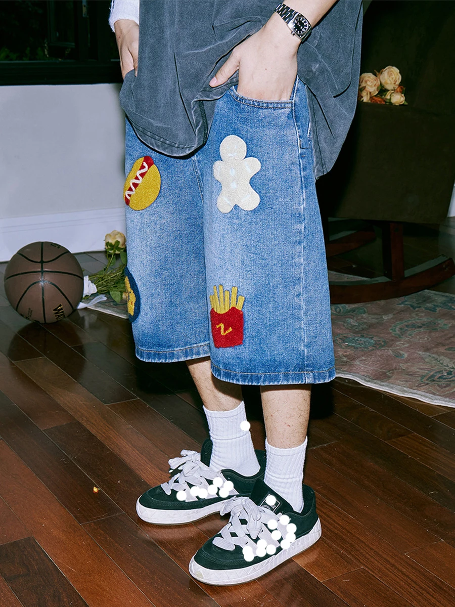 

Streetwear Trendy Towel Embroidery denim shorts Men Summer Casual Loose Straight Middle Pants Washed Jeans Short Trousers