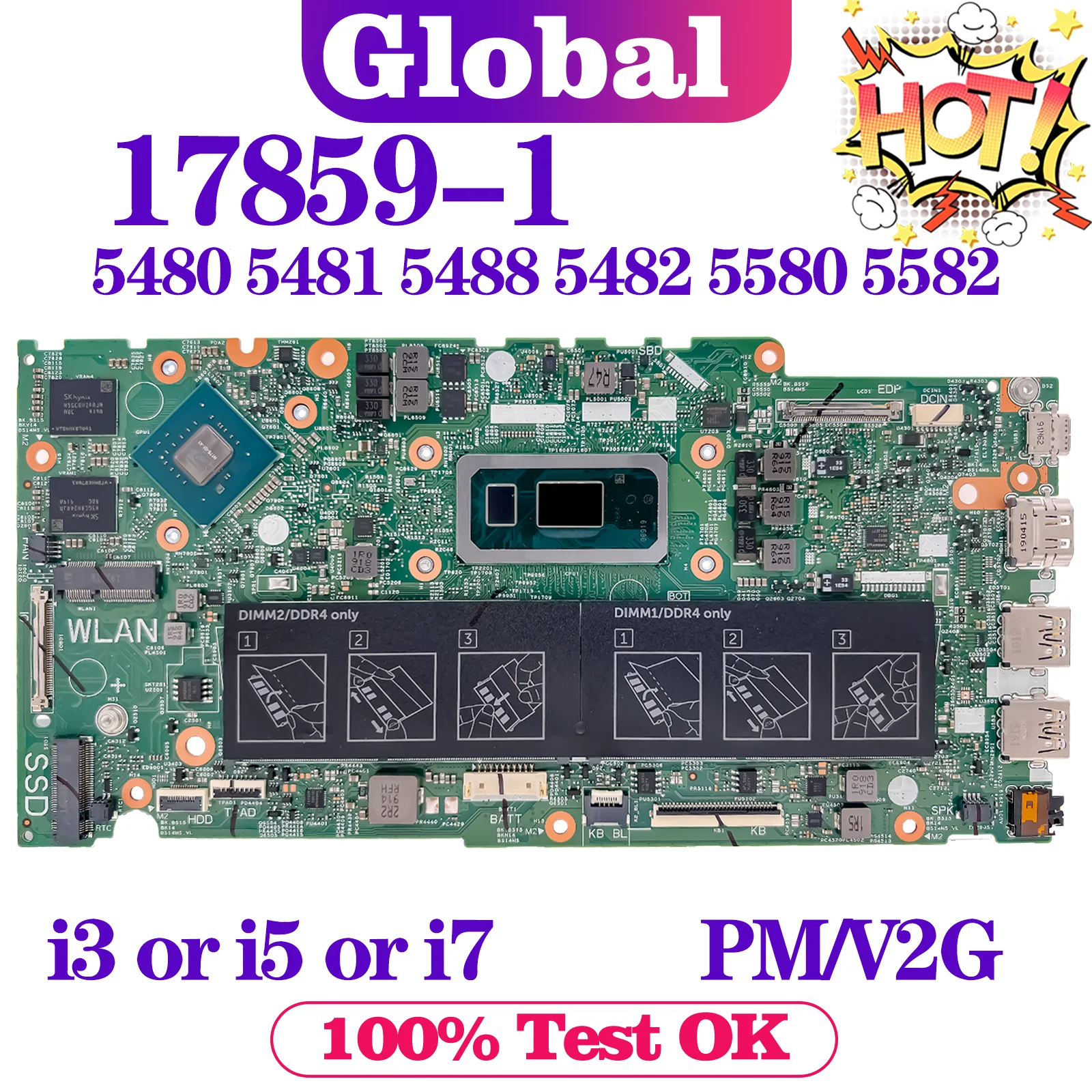 KEFU 17859-1 Mainboard For Dell Inspiron 5480 5488 5580 5582 5481 5482 Laptop Motherboard i3 i5 i7 8th Gen V2G