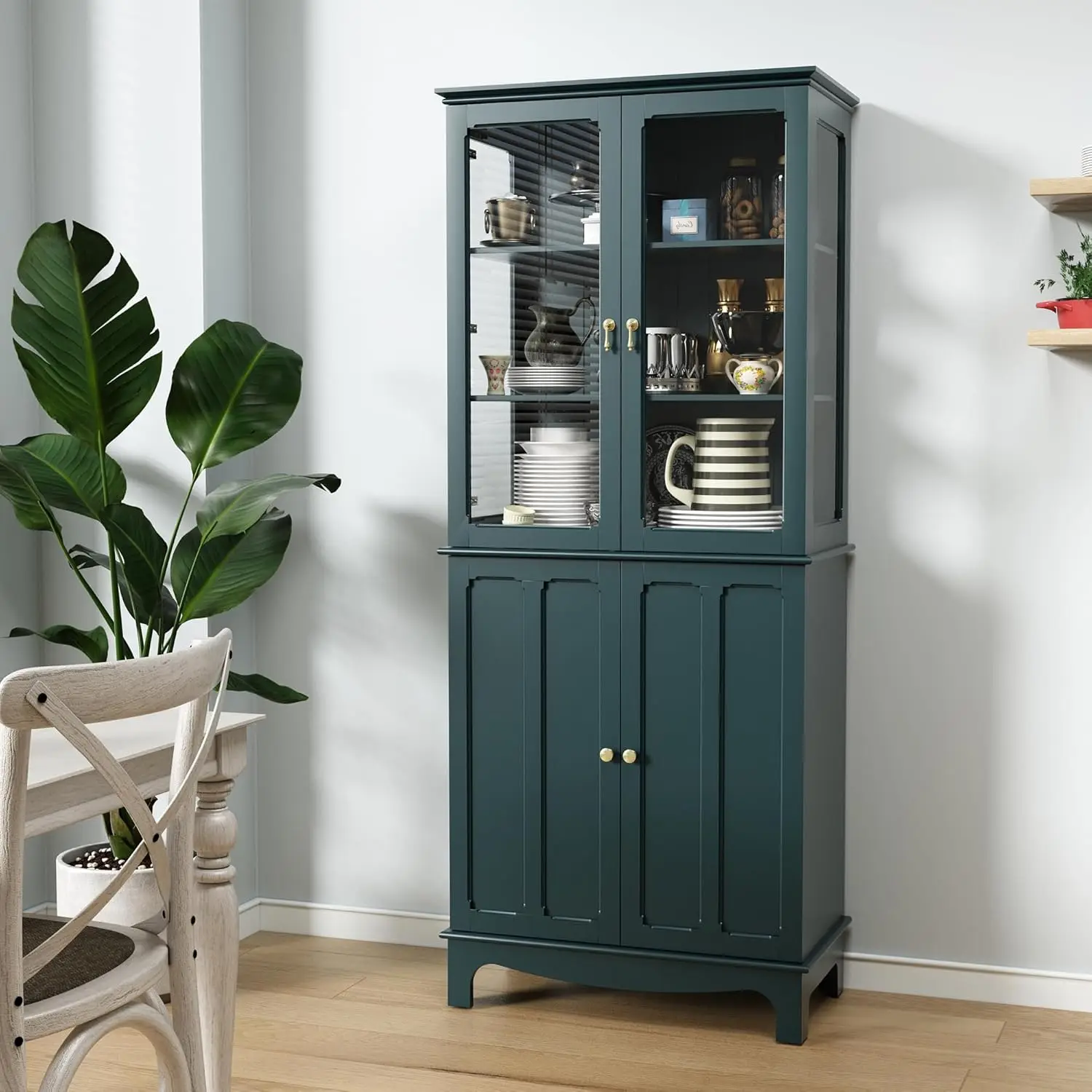 

72" Freestanding Kitchen Pantry Storage Sideboard, Classical Tall Cabinet with Glass Door