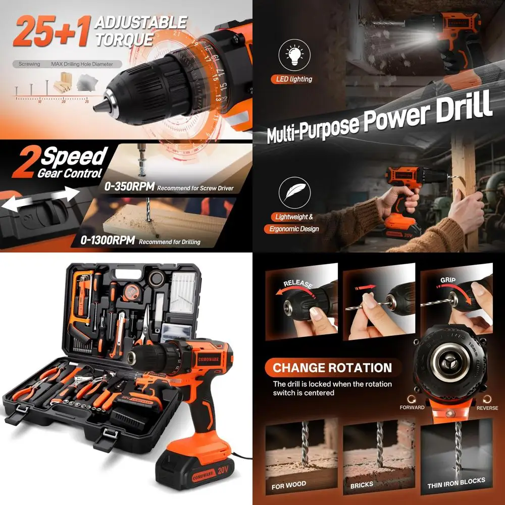 

20V Cordless Drill Driver Set, 120-Piece Hand Tool Kit for Men, Ideal for Office, Garden, and DIY Projects