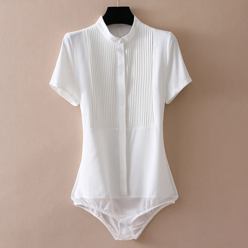 Quality Women Chiffon Blouse Stand Collar Pleated Short Sleeve Bodysuit Office Ladies Black White Button Up Shirts with Panties