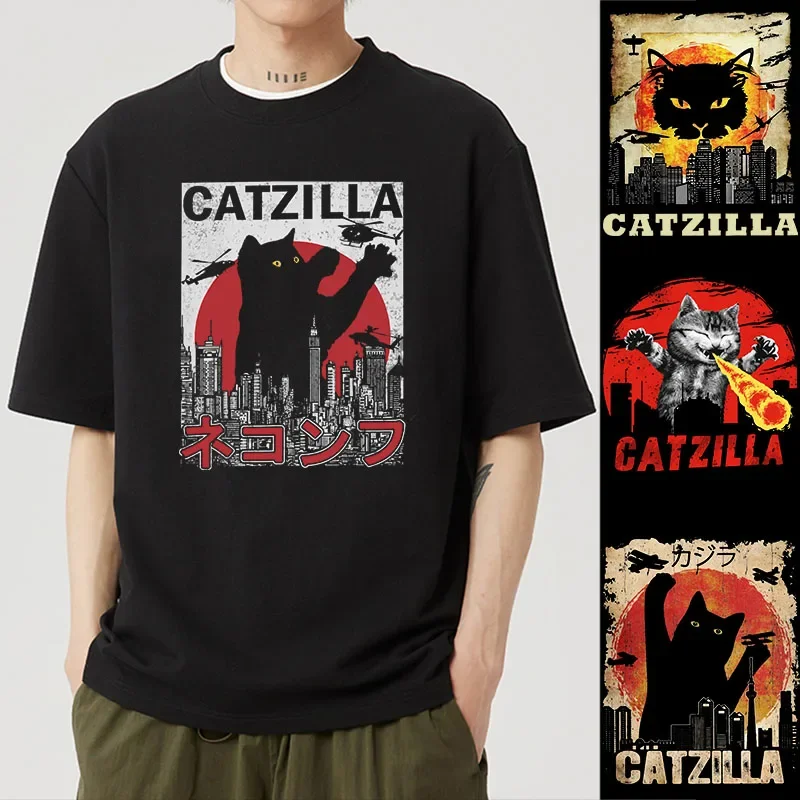 

Vintage Meowzilla Fun Print Summer Men's Casual Comfortable 100% Cotton Round Neck T-Shirt Outdoor Street Fashion Menswear