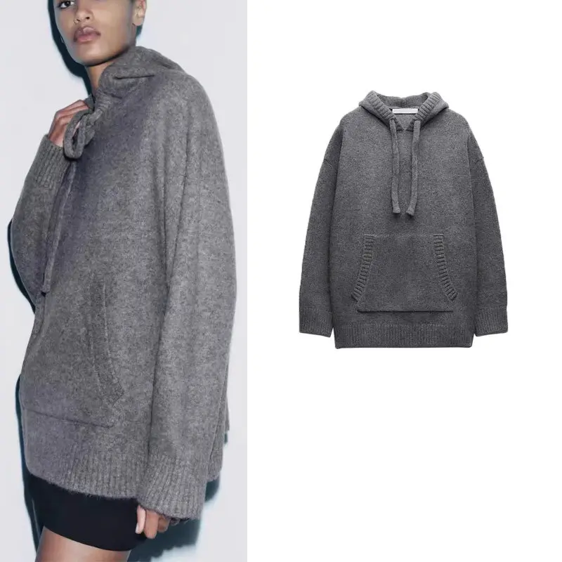 Gray Knitted Long Sleeve Hoodie with Pockets Loose Fit Commute Style Polyester Fiber Female Autumn Winter New Arrival