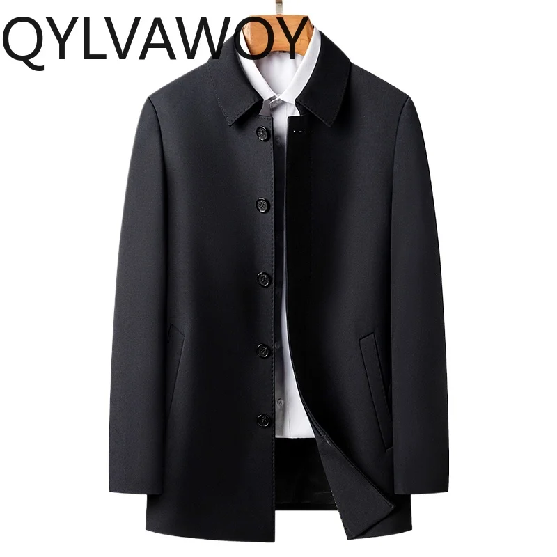 

QYLVAWOY 69%Polyeste Men's Spring Autumn New Casual Middle-Aged Dad's Loose Trench Coat Mid-Length Jacket Men's Outerwear LJ2131