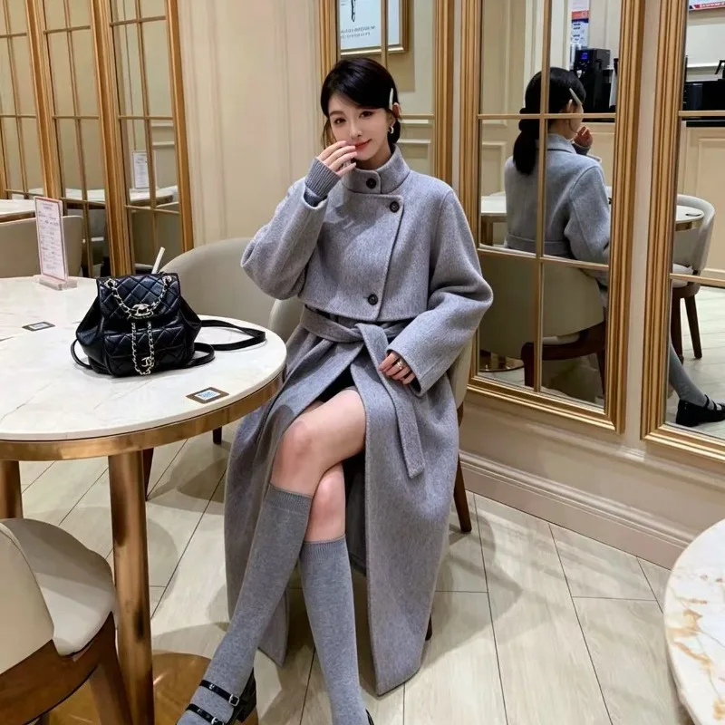 Autumn and Winter Lace-up Long Two-piece Set Double-sided 100% Wool Coat Thicken Long Woolen Overcoat Lady Chic Outwear