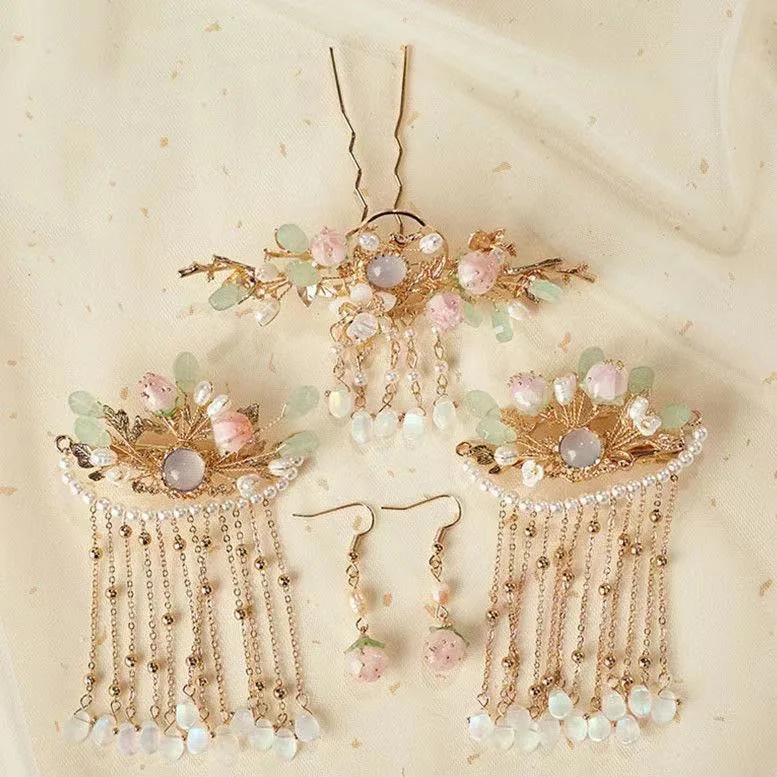 Retro Chinese Hanfu Hair Accessories Set Floral Tassel Hair Crown Pair Of Hair Clips Earrings For Women Traditional Cosplay Wear