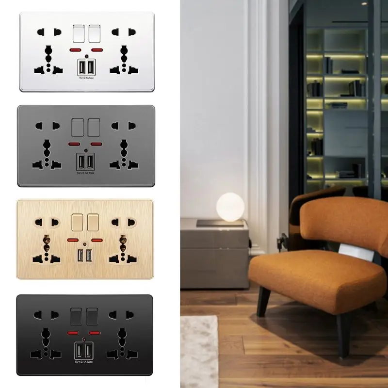 Multifunction UK 13A Wall Socket Push Button 2.1A Double USB Charging Ports Three-hole Two-hole Home Wall Outlet Button