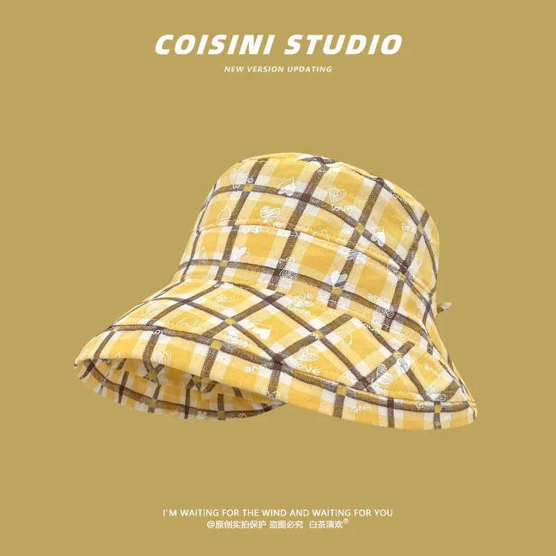 

New Small Fresh Plaid Love Print Bucket Hat for Women for Summer Travel Sweet and Versatile Wide Brim Sunshade Foldable Sun Caps