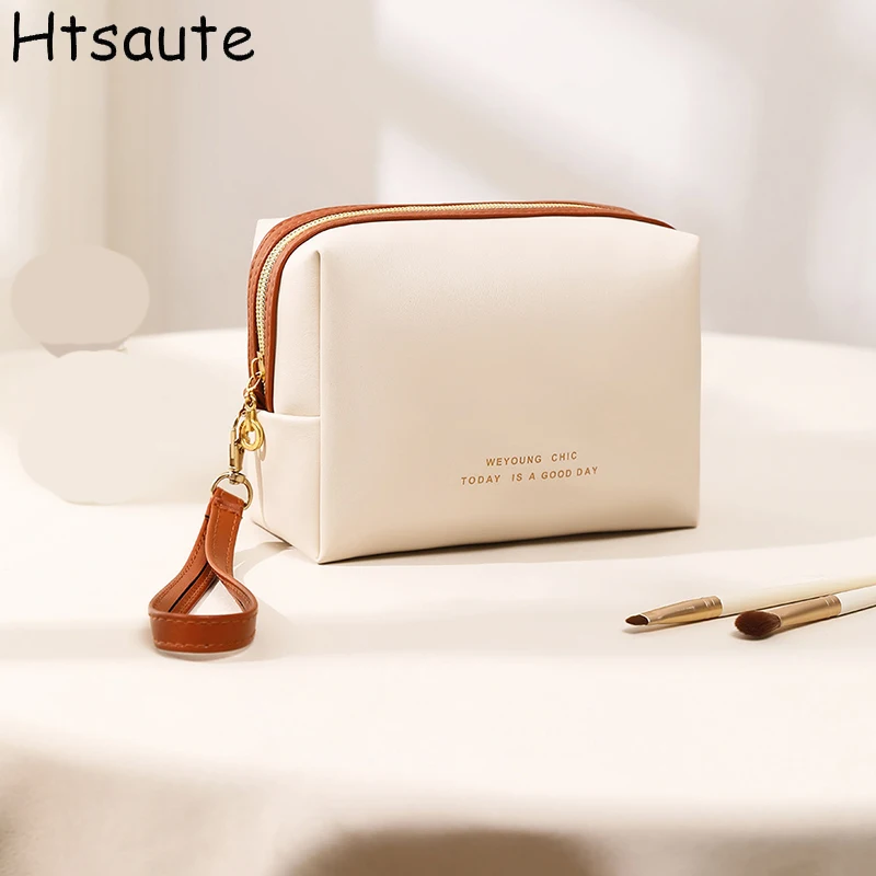 Bolso de mano de moda para cosméticos, bolsa de viaje para maquillaje para mujer, estuche portátil de cuero PU para cosméticos, bolsas de almacenamiento de maquillaje con asa