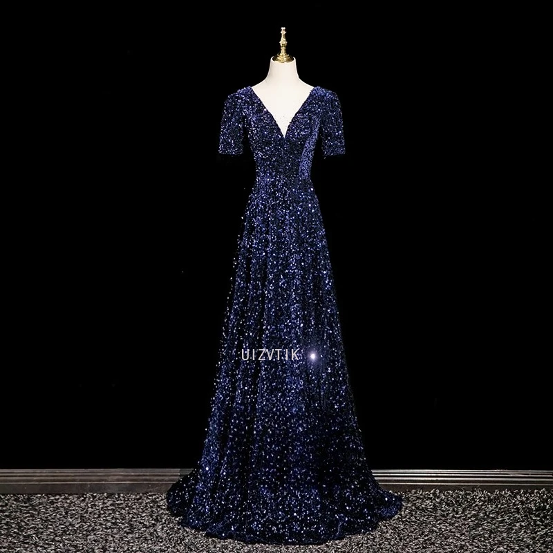 Glänzendes Pailletten-Abschlussballkleid mit V-Ausschnitt, neuer Stil, Bankett, französische Schnürung, Jahrestagung, Host-Kleid, Kostüm, Damen, langes Party-Abendkleid