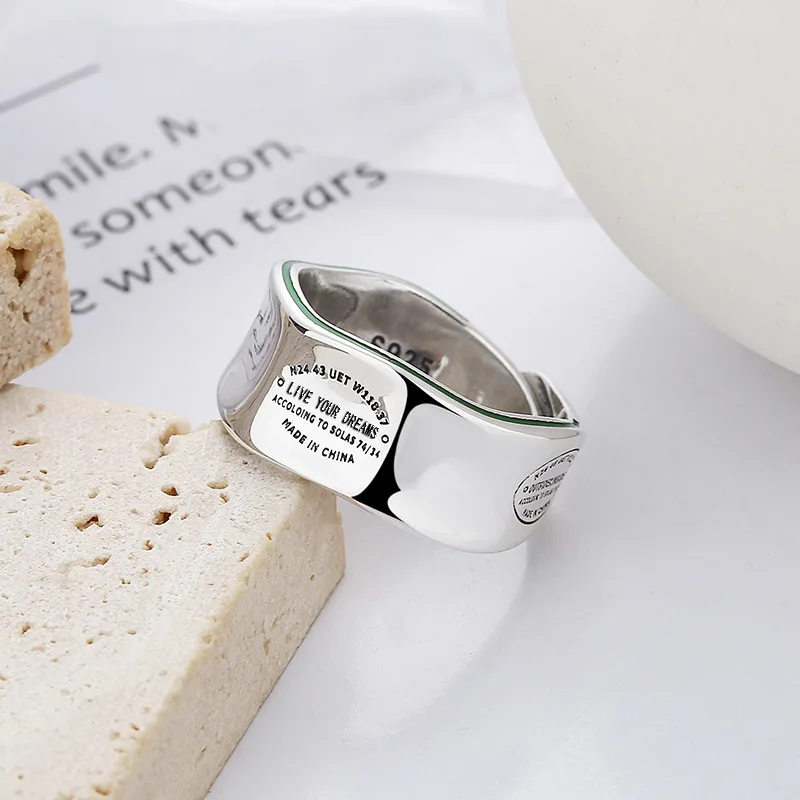 S925 Sterling Silver Korean Version Ins Unisex Wide-faced Wavy Irregular English Ring Opening Design Can Be Adjusted