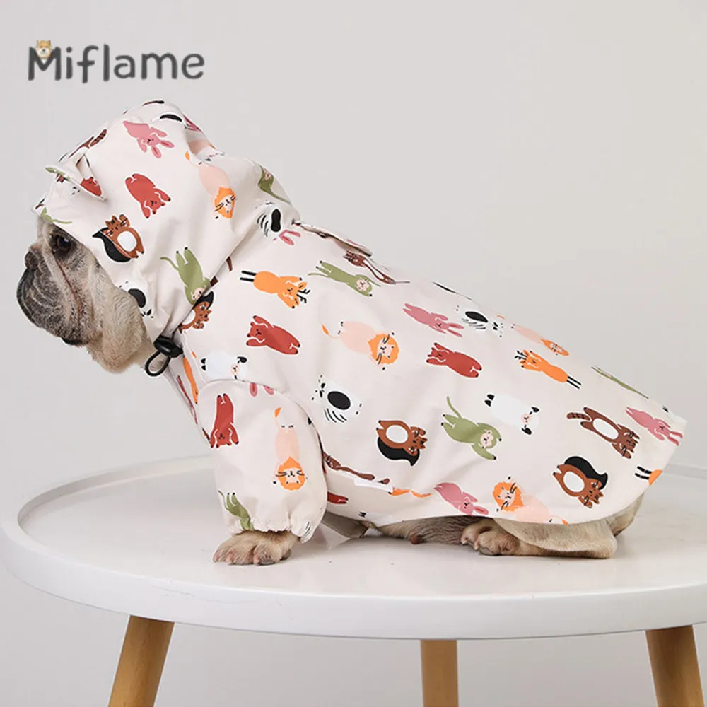 Miflame Cute Puppies Waterproof Raincoat French Bulldog Schnauzer Bear Print Pet Clothes Summer Thin Dog Coat Small Dog Raincoat