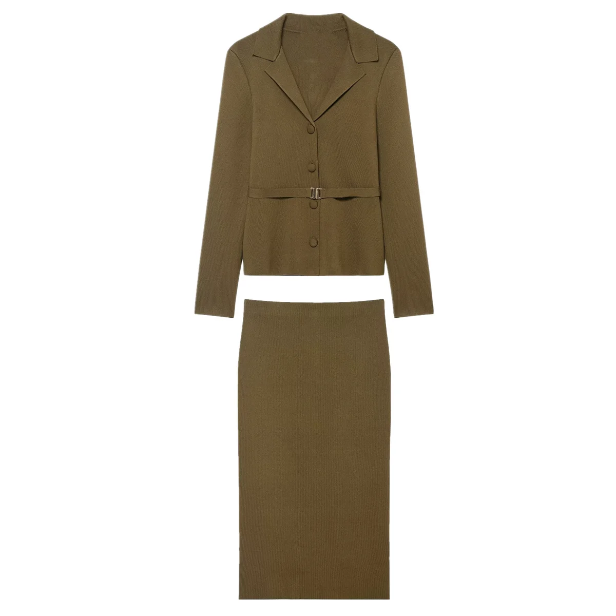 

Dave&Di Женская одежда Комплекты с юбкой Французский офисный женский элегантный минималистичный вязаный кардиган глубокого цвета хаки Куртка Комплект с юбкой Женский костюм